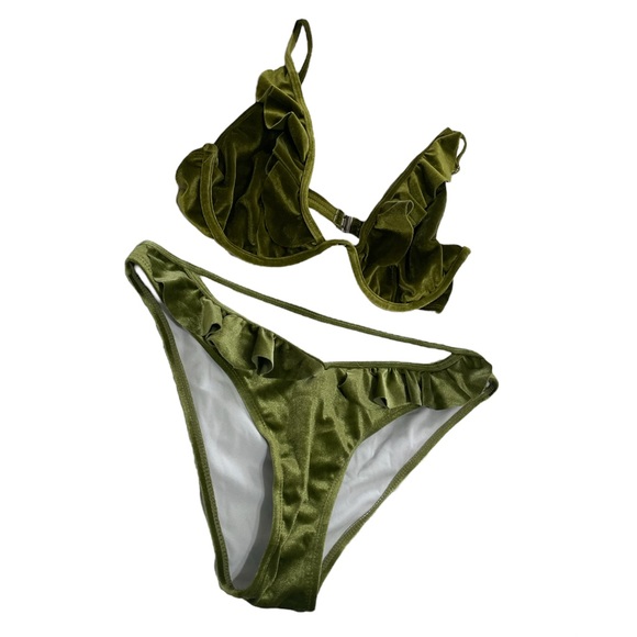 Pretty Little Thing Olive Green Ruffle Frill Velour Velvet Bikini Set - Picture 7 of 11